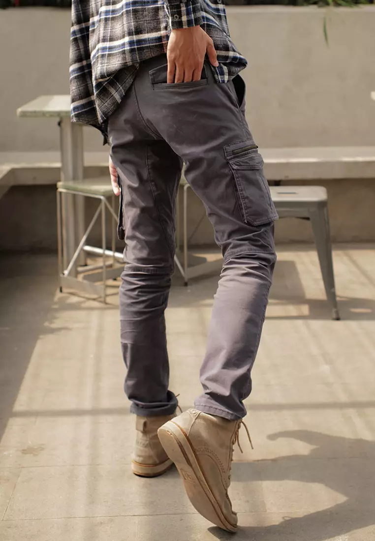 Celana Panjang Cargo Asymetric Stretch Cotton Oxcon Dark Grey