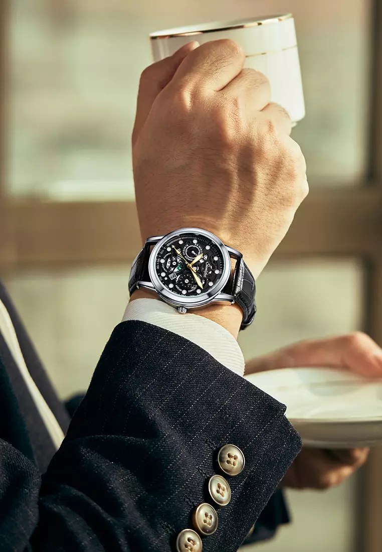 Jam Tangan Pria Dial Berongga Anti Air Kuarsa Tali Kulit Jam Pria Original Santai Mode Jam Tangan Cowok 7001 all black