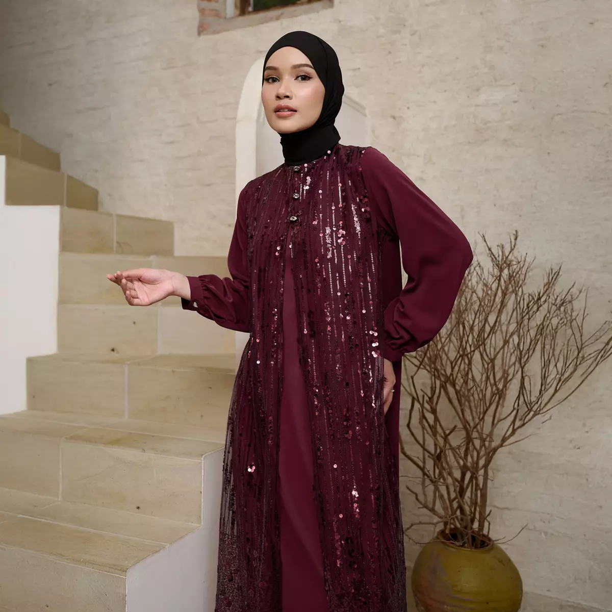 [Raya Collection] ZM Zaskia Mecca - Binora Gamis Wanita Maroon | Jejak Teduh Series Arta Pusaka | Koleksi Ramadhan Series