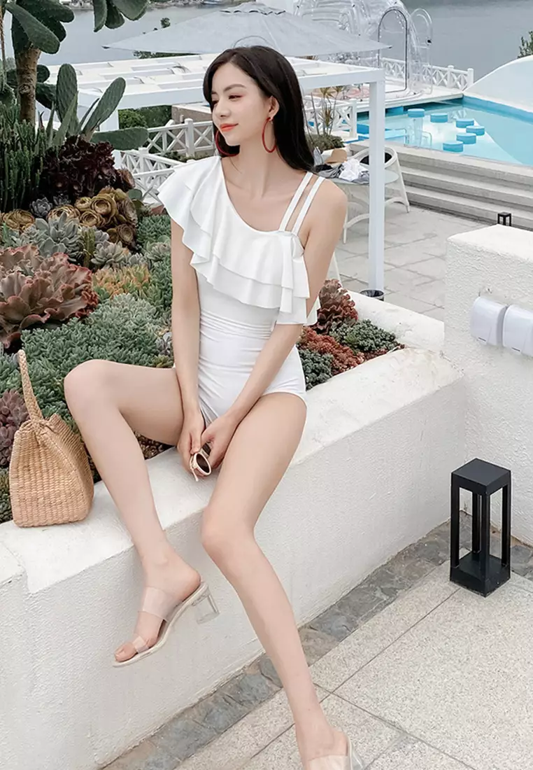 White one piece sale swimsuit with ruffles