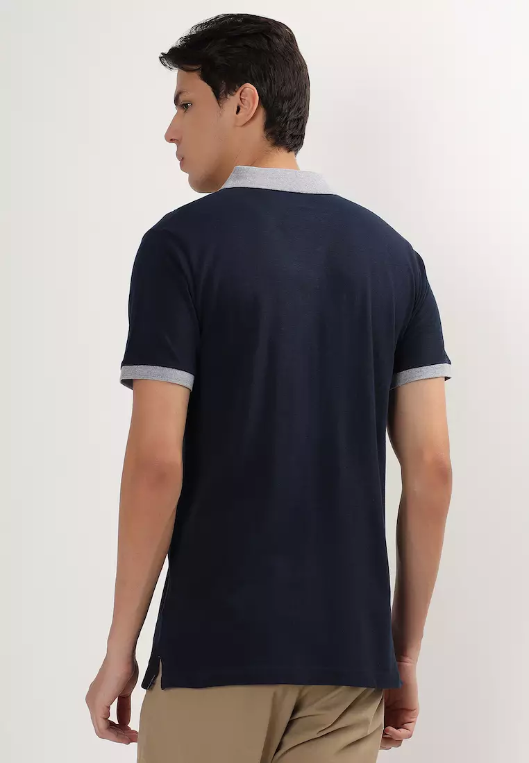 Mens Short Sleeve Contrast Blue - Grey Collar Cotton Button less Polo Shirt/T-shirt, V Neck, Sport-Casual Wear, Regualr fit