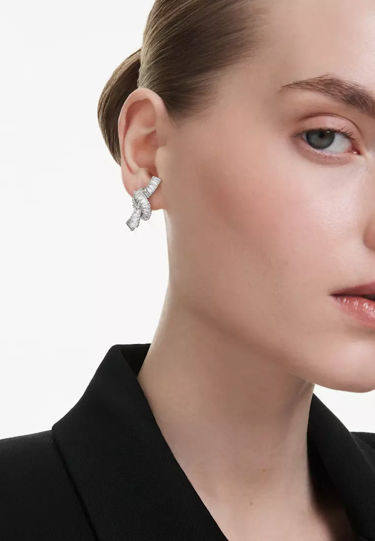 Matrix earrings, Baguette cut, Knot, White, Rhodium plated