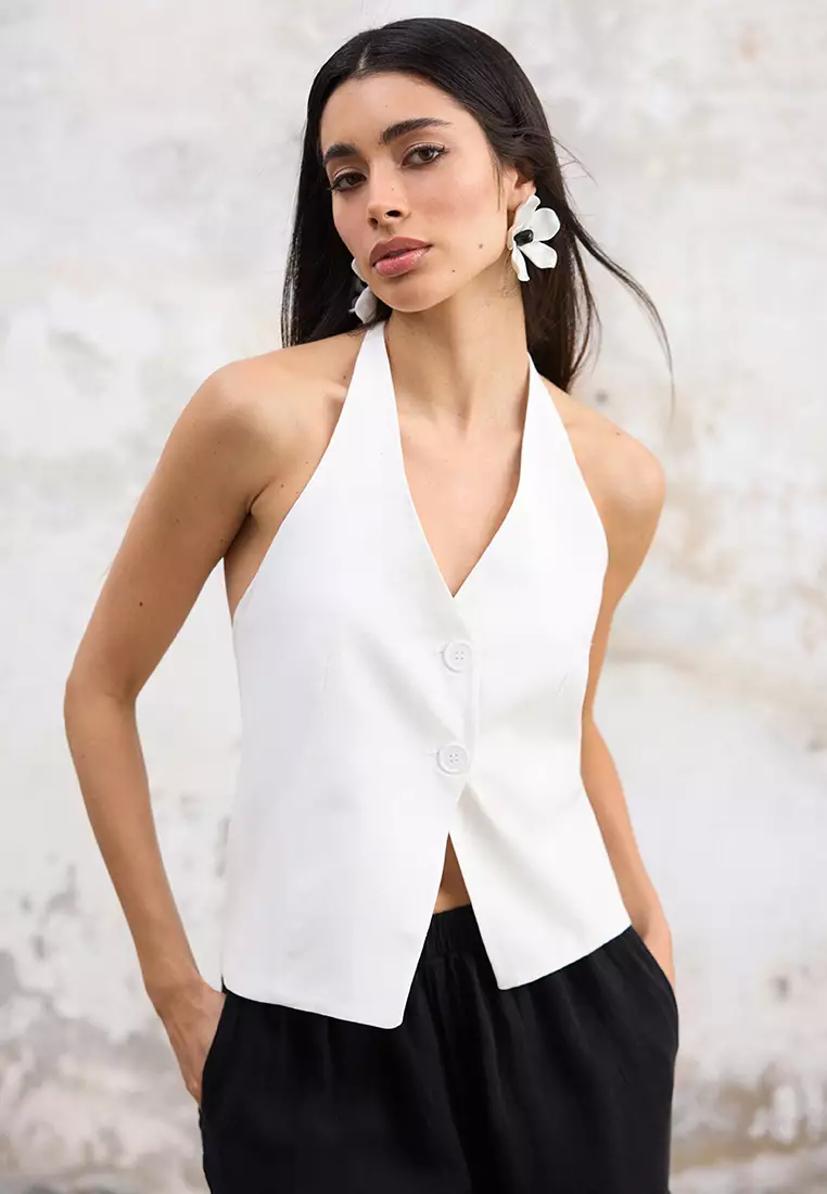 White Regular Linen Look Halter Neck Regular Vest TWOSS25YE00096