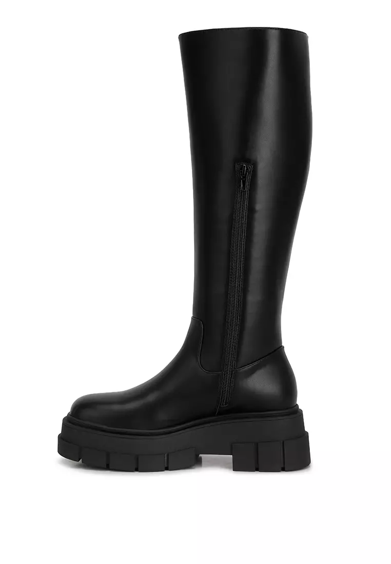 Jual London Rag Black Faux Leather Chunky Platform Knee Length Boots ...