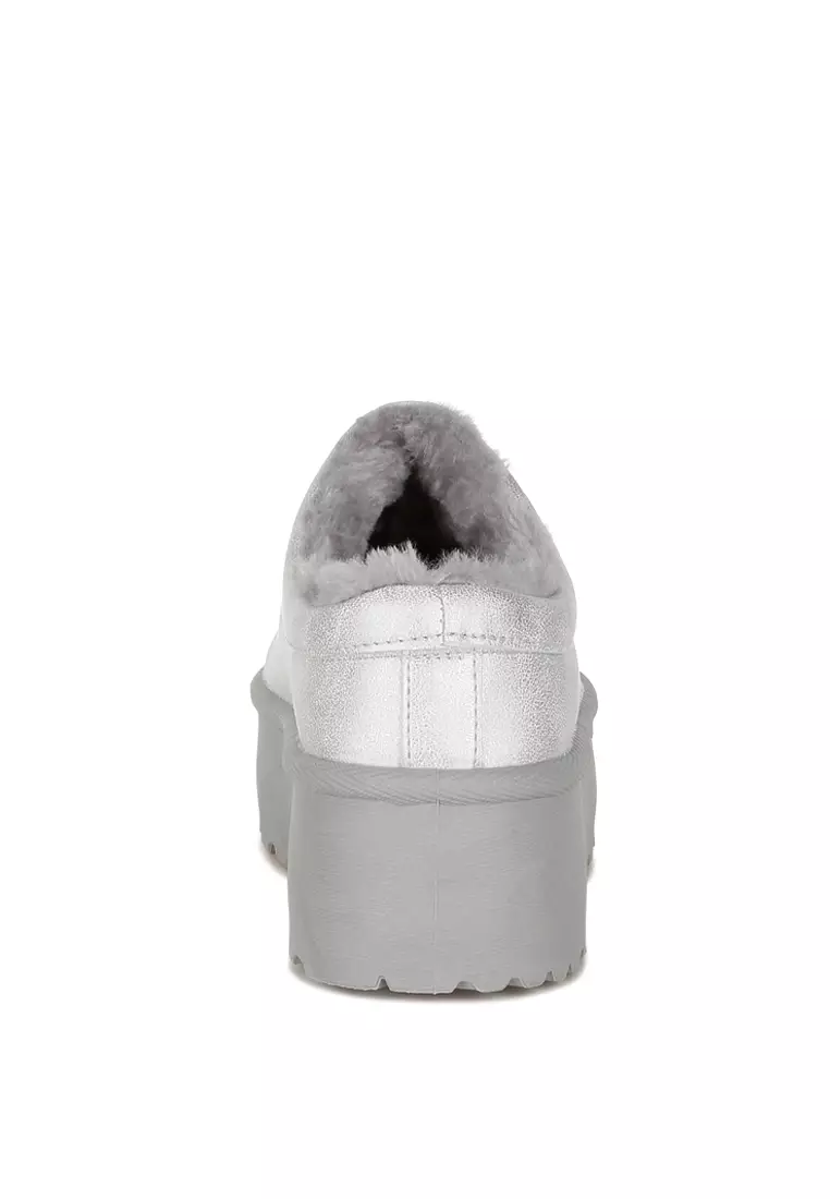 Sepatu Slip-On Klasik Platform Kulit Imitasi Warna Silver