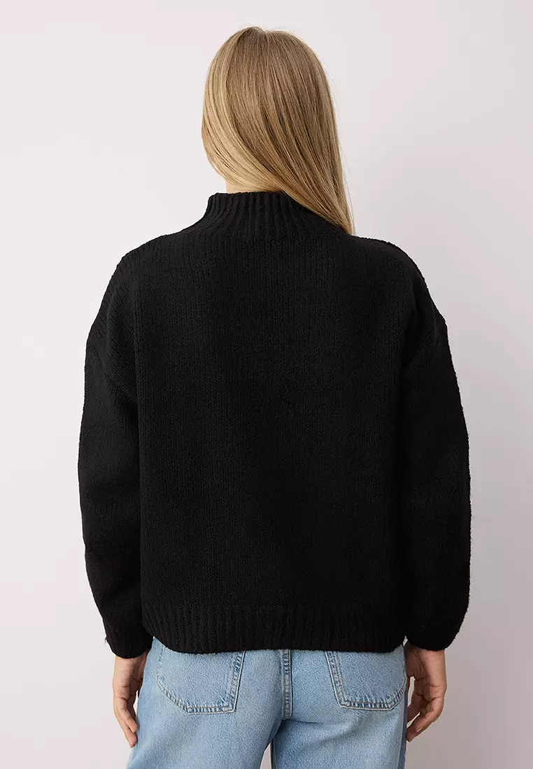 Black Soft Textured Thick Crew Neck Knitwear Sweater