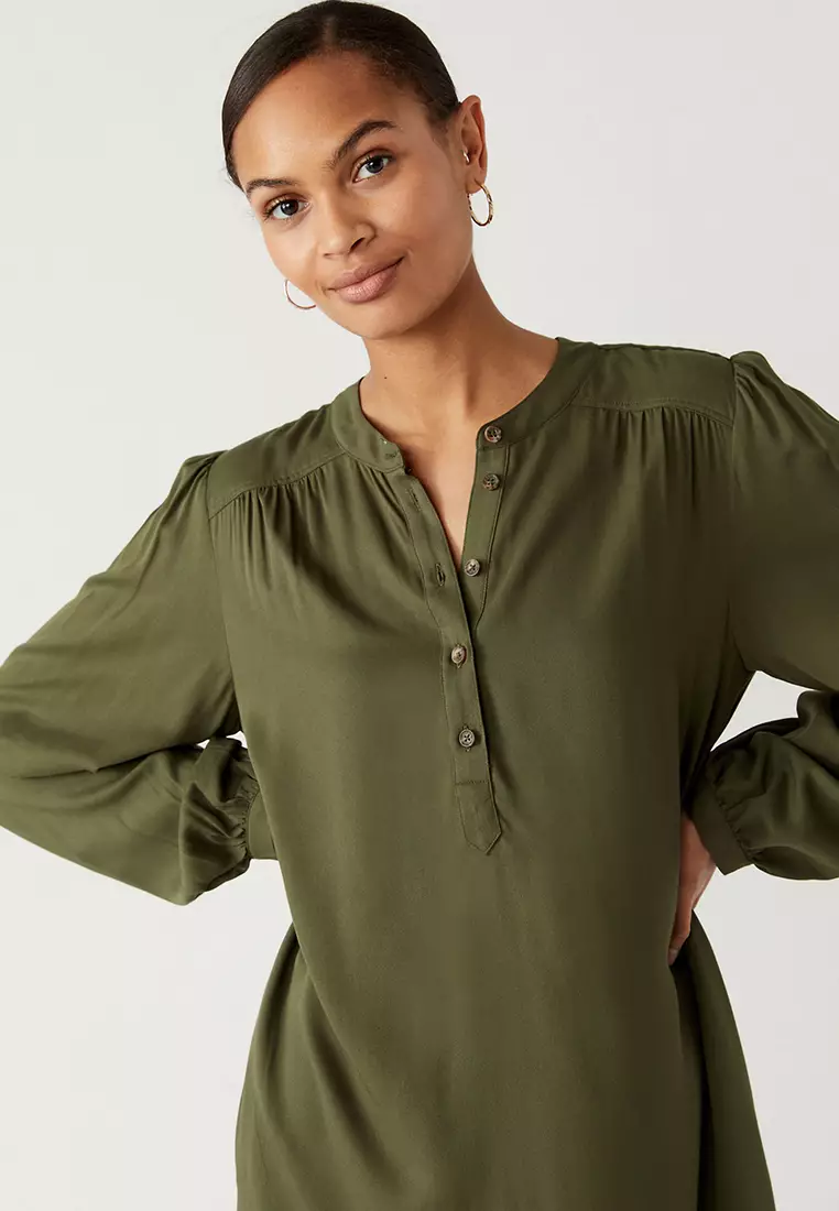 V-Neck Button Front Knee Length Shift Dress