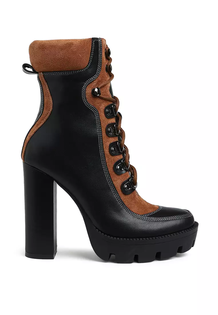 Buy London Rag High Heel Lace Up Biker Boot in Tan Black 2024
