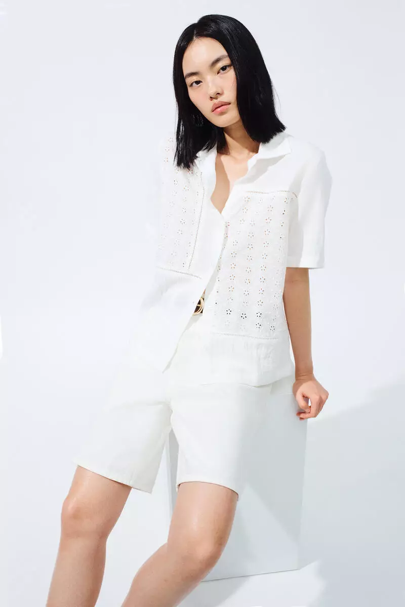 Short-sleeved broderie anglaise shirt