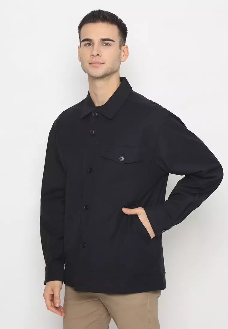 POLICE Kemeja Polos Cotton Twill Semi Jaket Blue Black Regular Fit Lengan Panjang Pria