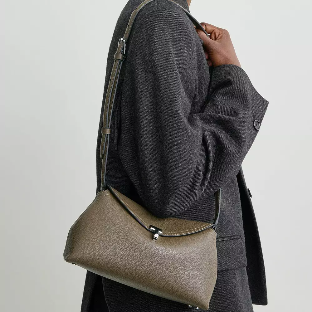 T-Lock Grained Leather Clutch Bag Dark Taupe