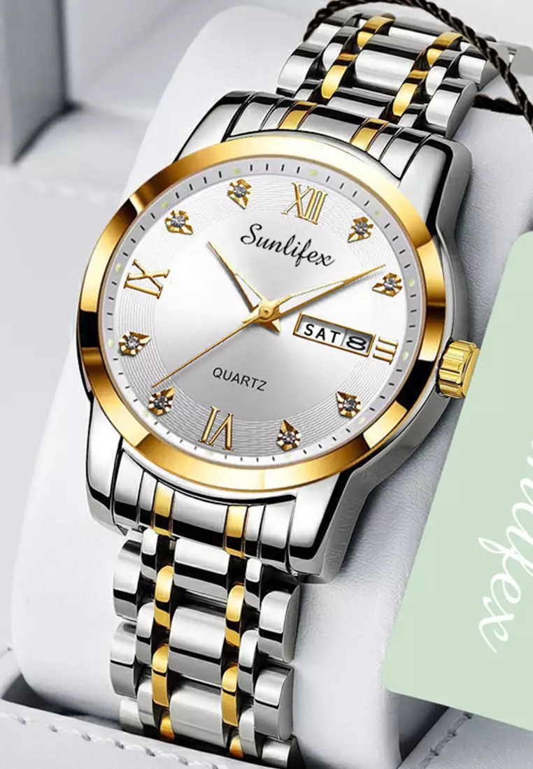 Jam Tangan Pria 9010 Kalender Kuarsa Tali Stainless Steel Bisnis Santai Jam Tangan Cowok gold white