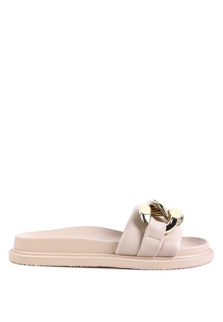 Beige Big Metal Chain Slider Flats