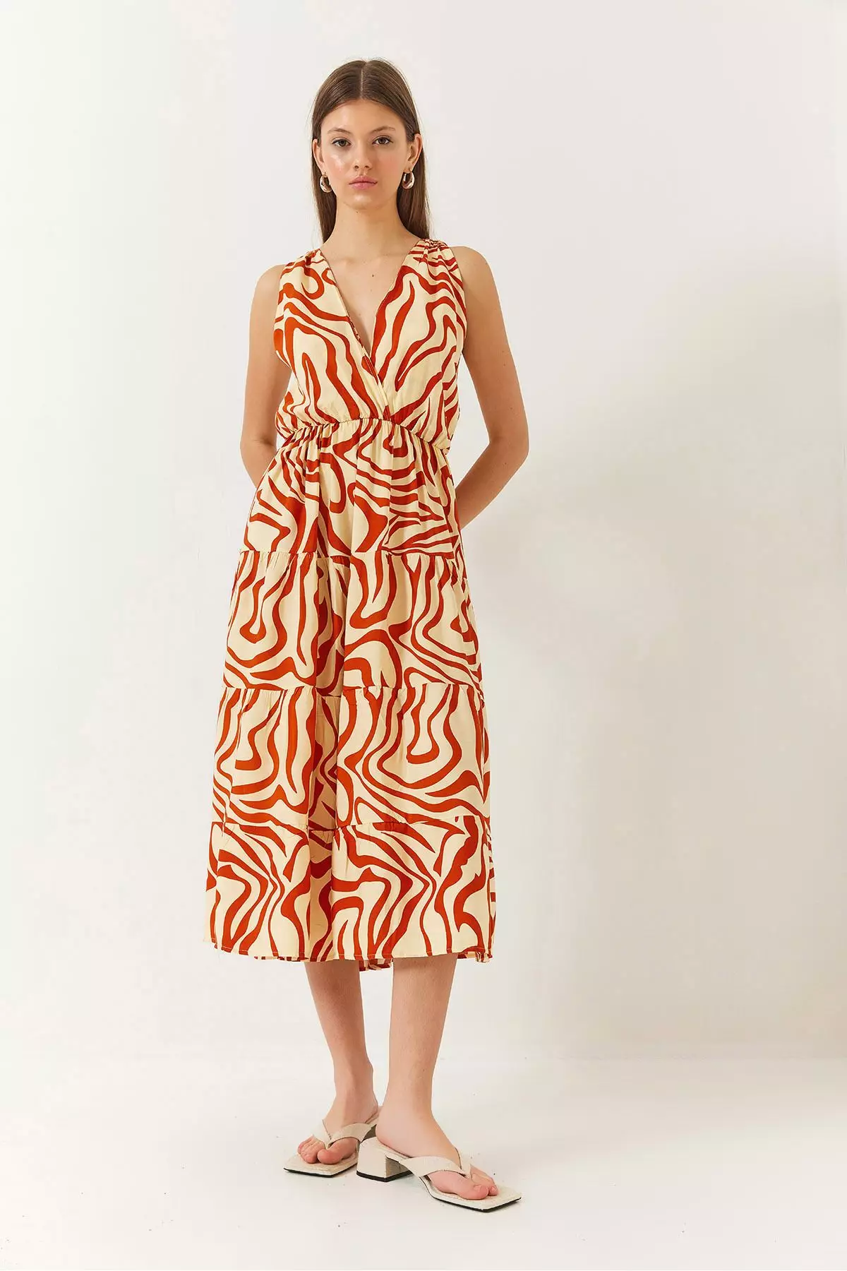 Women's Double Breasted Neckline Elastic Waist Back Rope Tie Print Dress 60261428