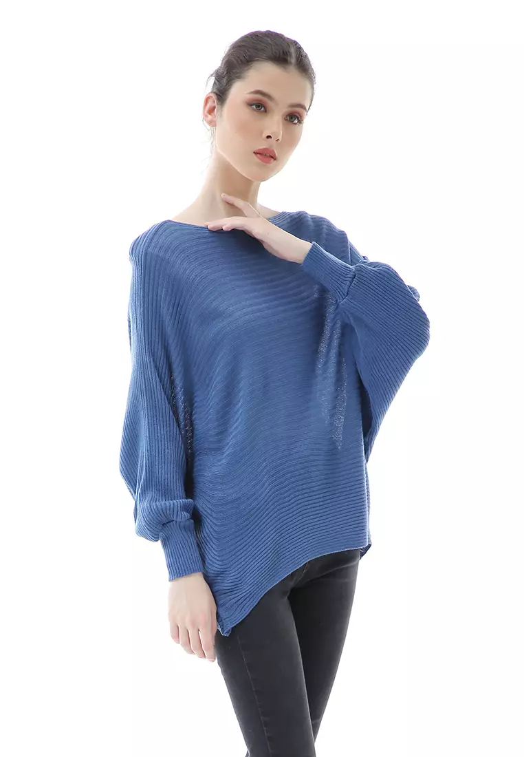 Eveline Sweater Rajut Batwing Atasan Wanita Motif Polos High Quality - Denim