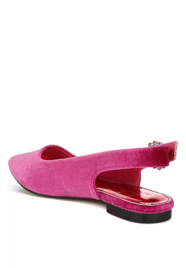 Velvet Slingback Flat Sandals in Fuchsia