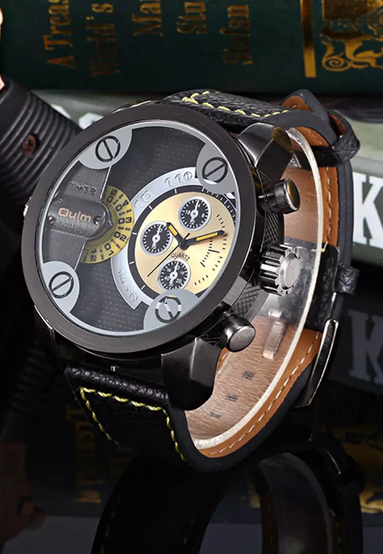 超大號男士石英手錶 - 50x50 毫米 - IP 黑色精鋼錶殼，黑色錶盤，黑色錶帶