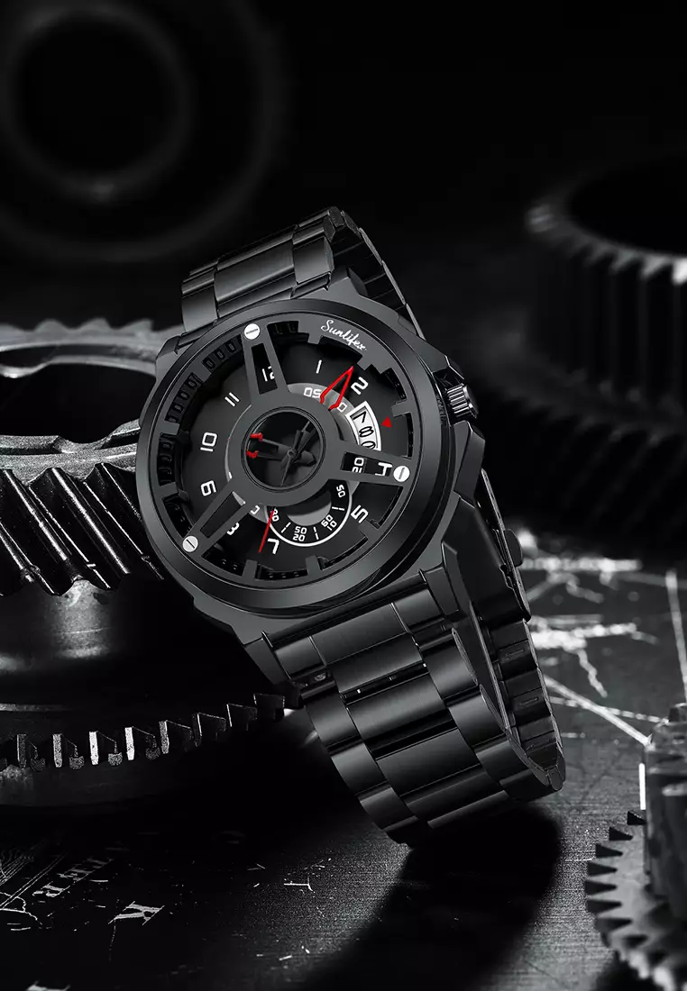 Jam Tangan Pria 9111 Hollow Dial Kuarsa Mode Tanggal Cool Anti Air Jam Tangan Cowok Original allblack