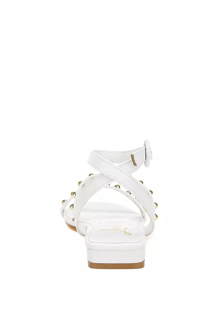 Studded Ankle Strap Flat Sandals in White