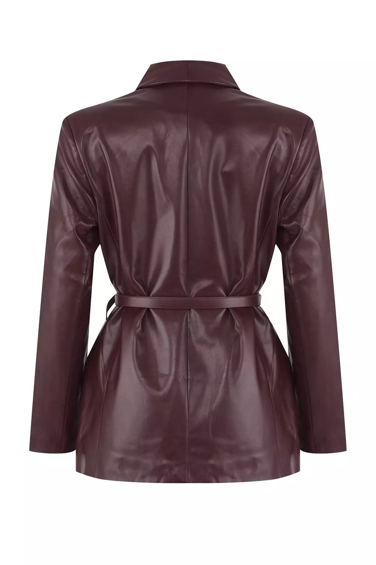 Burgundy Belted Double-Breasted Faux Leather Blazer Jacket