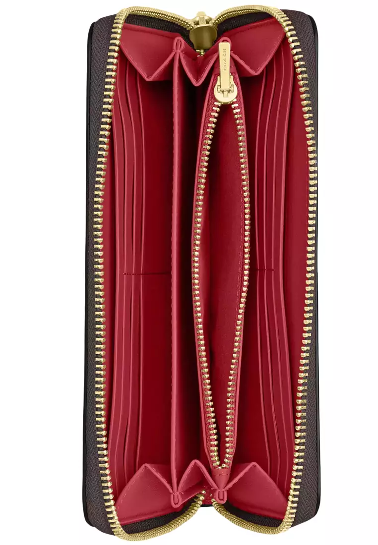 Zip Around Wallet In Signature Canvas - Walnut/ True Red CW778