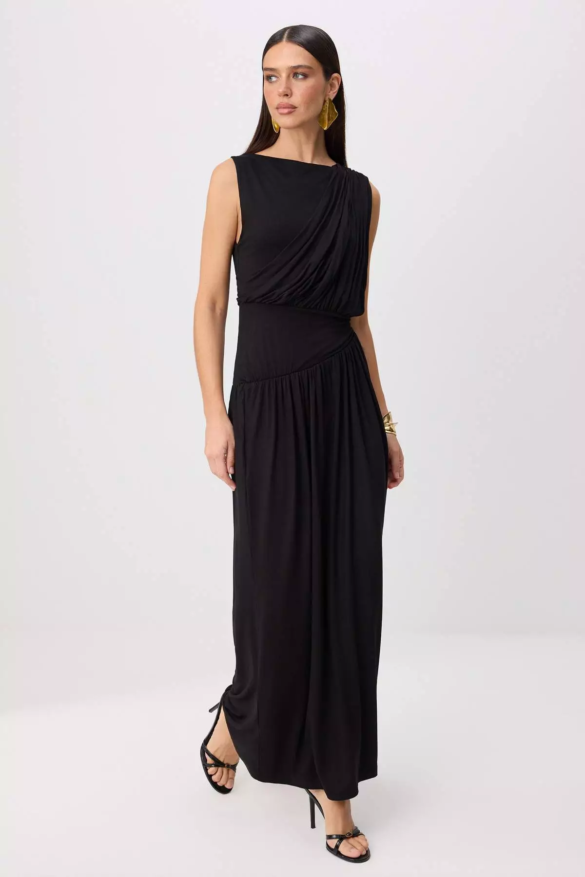 Black Shirred Drape Detailed Sleeveless Maxi Evening & Graduation Dress Tprss26Ae00224