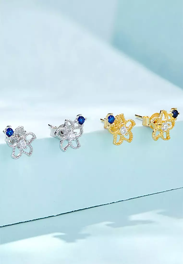 Solid Silver Mono Blue Flower Earrings In Gold