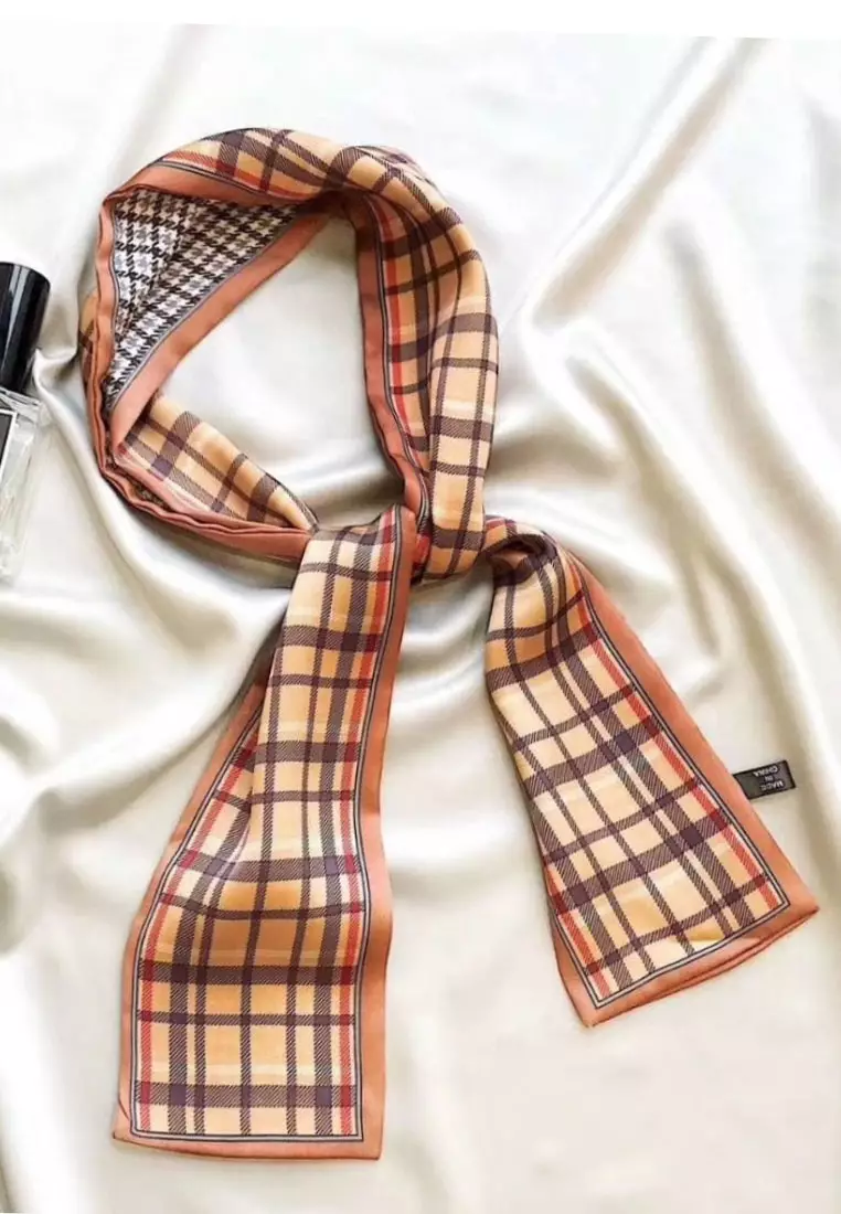 Aksesoris Wanita Double Side Checks Skinny Multi purpose Scarf Wanita Brown & Multi