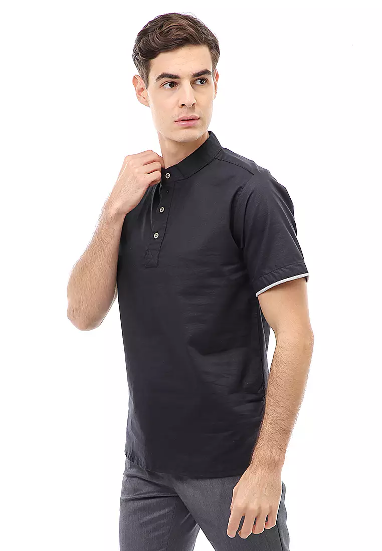Dwan Atasan Formal Pria Kemeja Koko Polos Short Sleeve Material Cotton ORIGINAL - Black