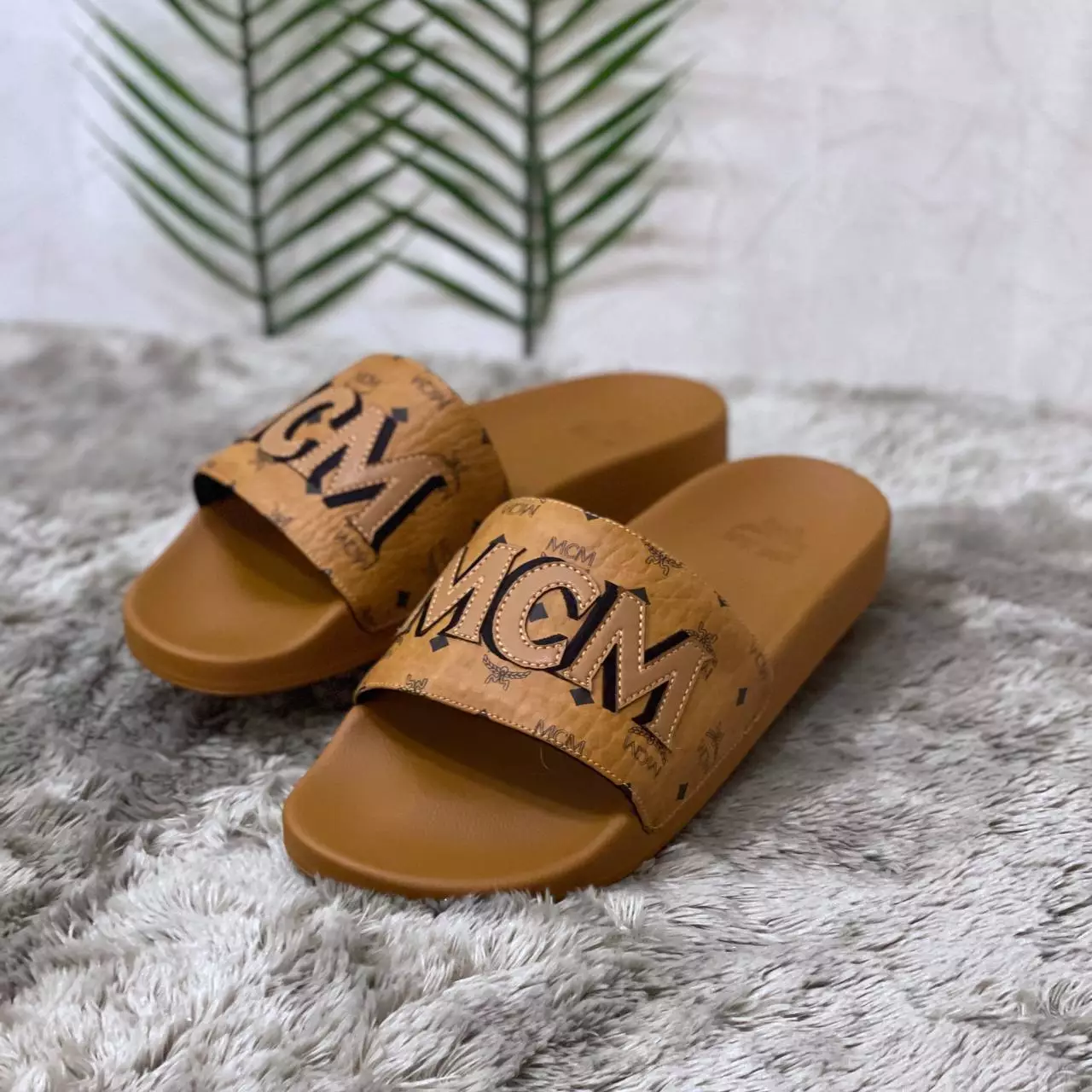 Sandal MCM LOGO COGNAC BLACK SLIDE 100% ORIGINAL