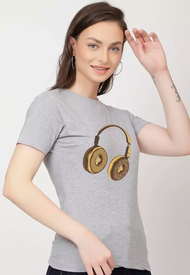 耳机甜甜圈休闲短袖时尚灰色棉质休闲图案印花 T 恤/T 恤