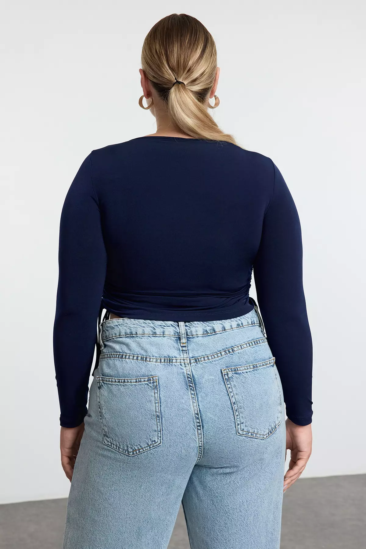 Navy Blue Square Collar Side Gathered Knit Plus Size Blouse