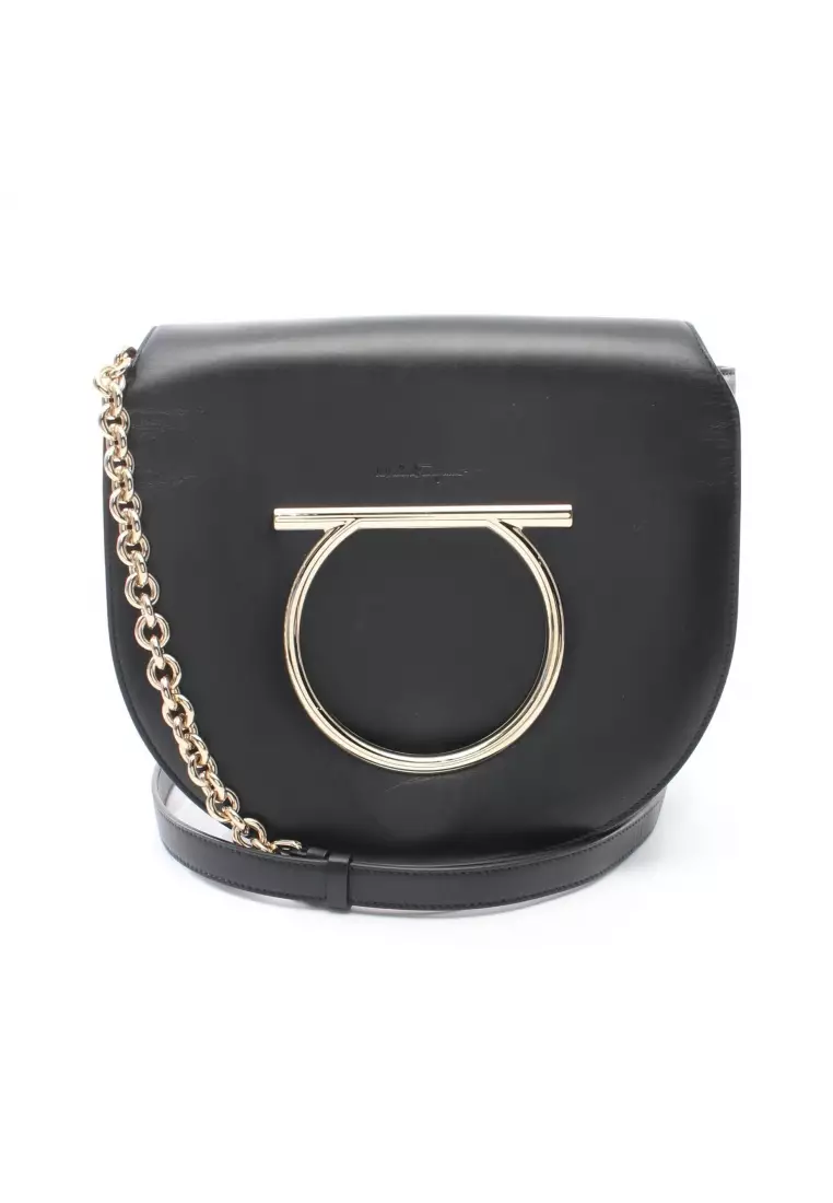Pre loved Salvatore Ferragamo Gancini chain shoulder bag leather black