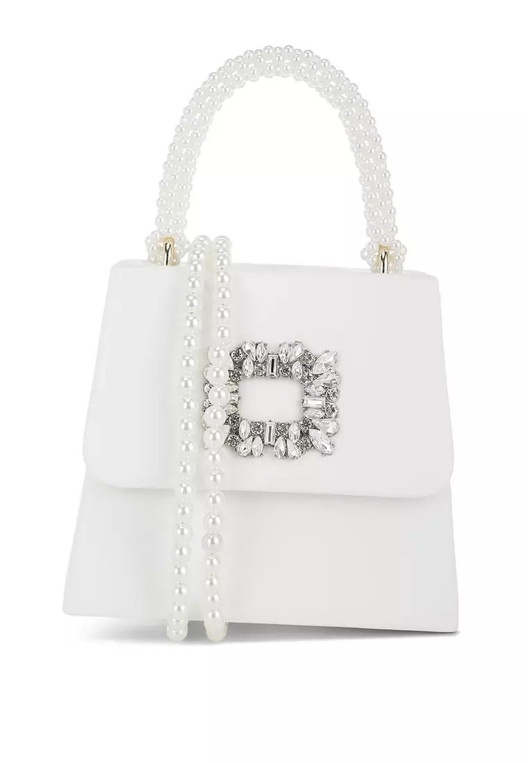 Tas Bros Berlian Imitasi dengan Pegangan Atas Mutiara Warna Putih