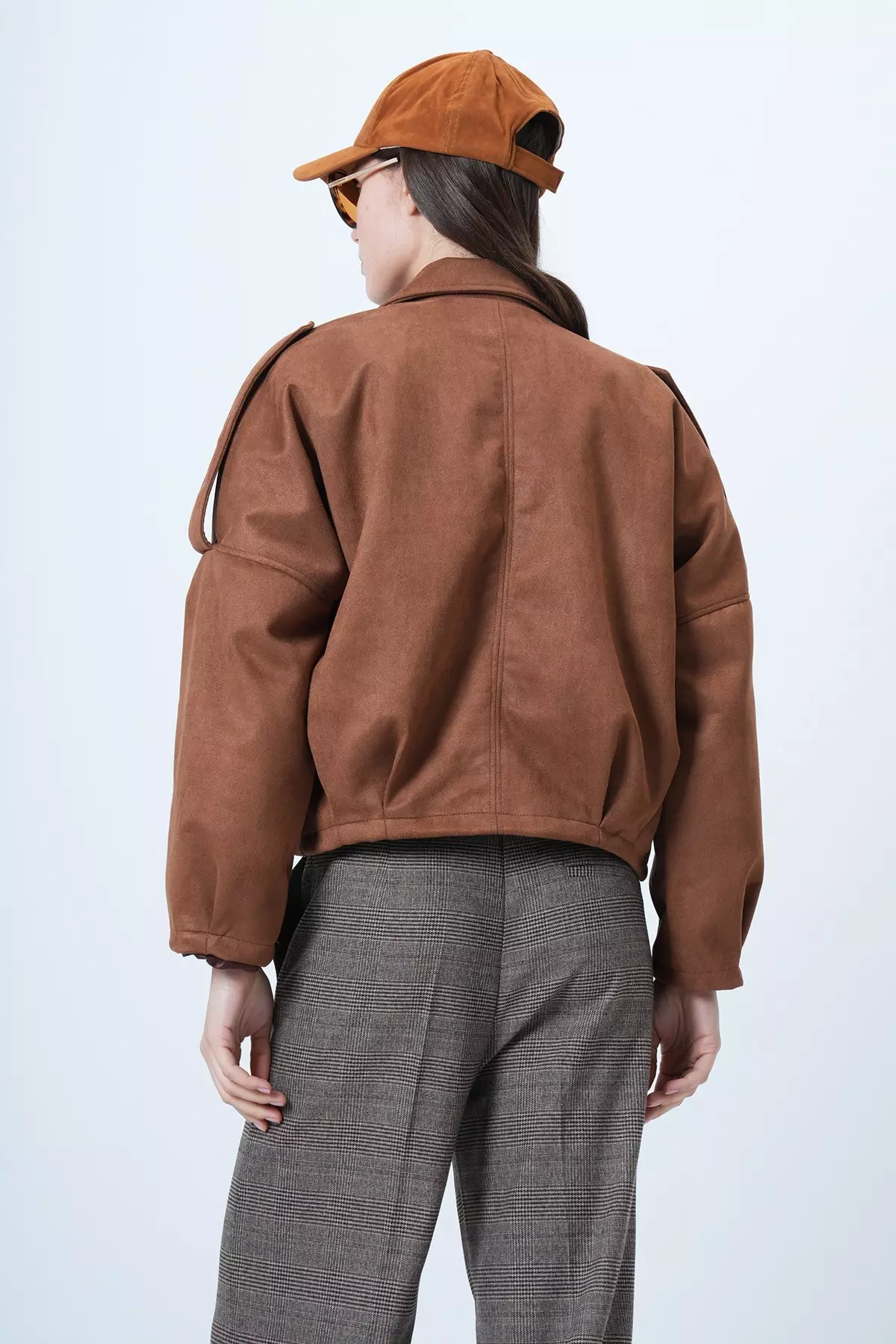 Brown Shoulder Epaulettes Lined Faux Suede Bomber Jacket Alc-X14526