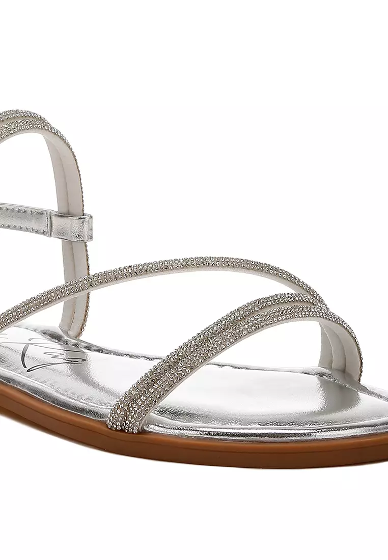 Rhinestone Strappy Flat Sandals in Silver
