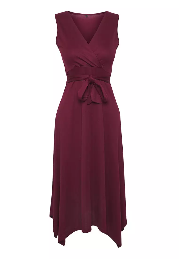 Plum Pique Slit Double Breasted Closure Maxi Flexible Knit Dress TWOSS25EL00458