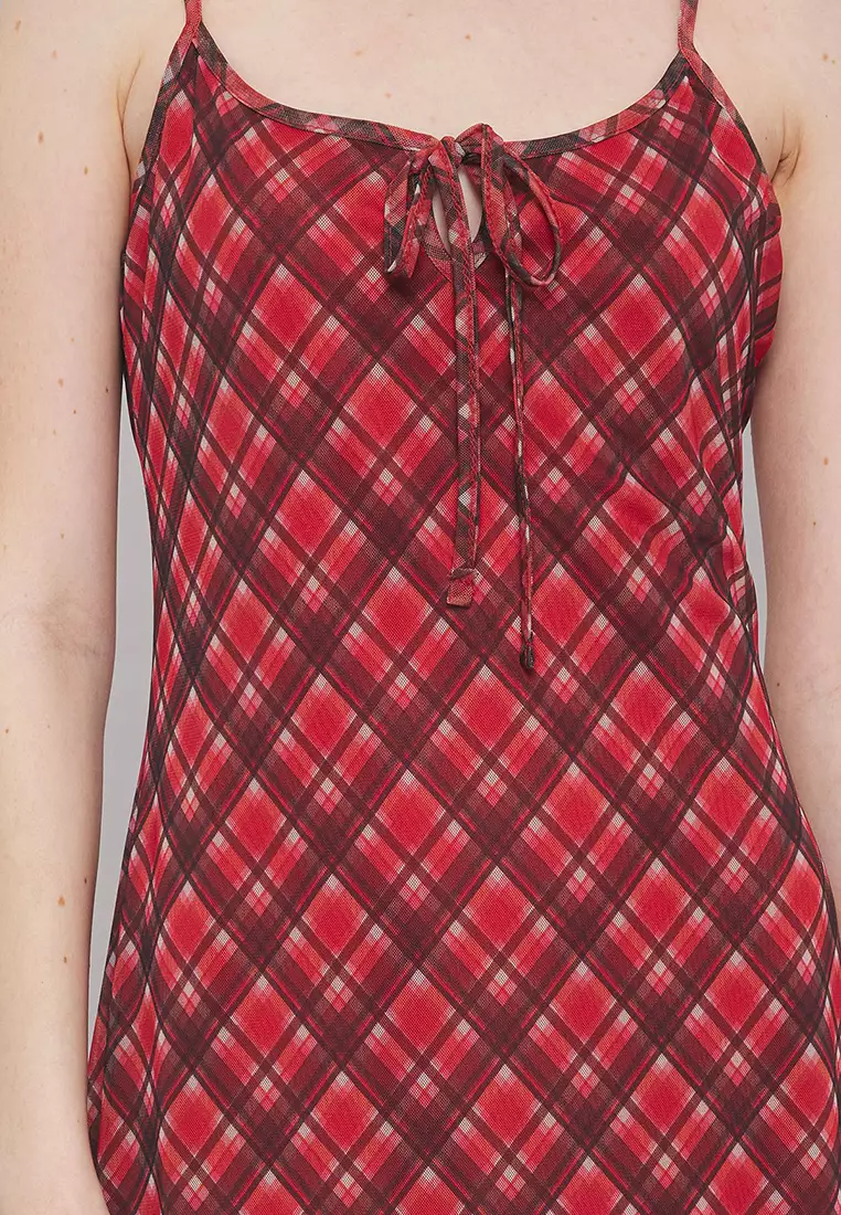 Red Tie Detail Plaid Tulle Maxi Stretch Knit Dress Twoss25El00468
