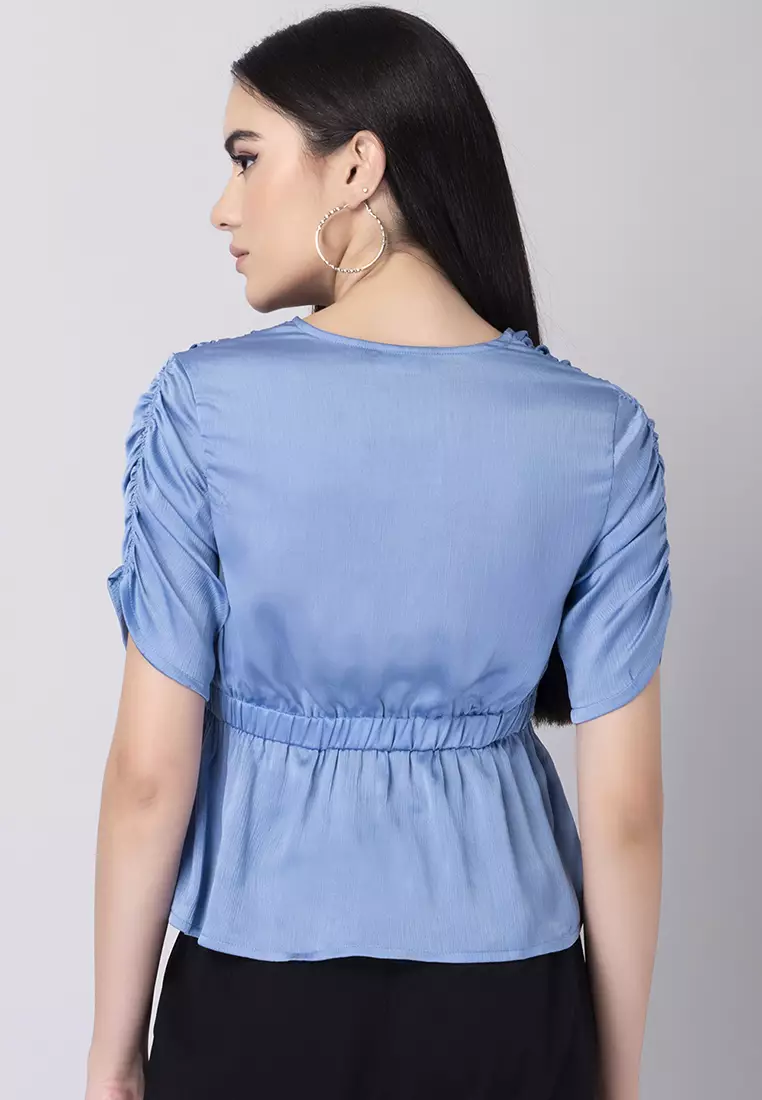 Pastel Blue Textured Peplum Top