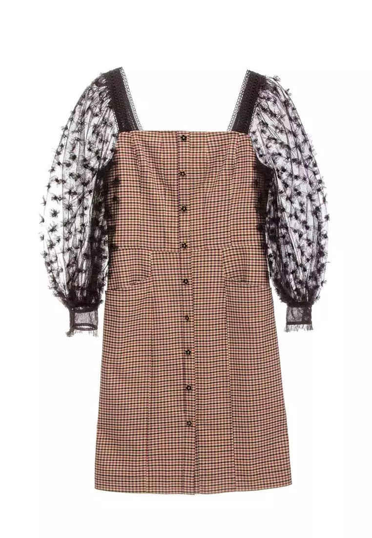 Checkered Print Dress With Mesh Sleeves