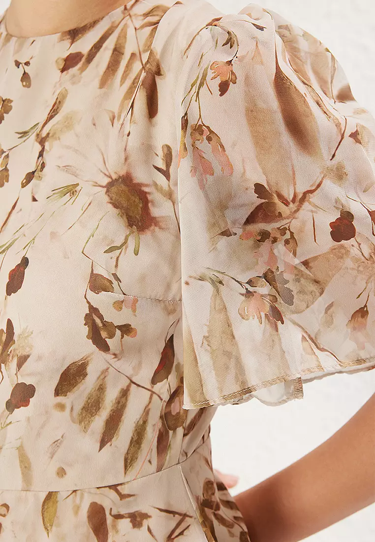 Light Brown Floral A-Line Midi Chiffon Lined Woven Dress