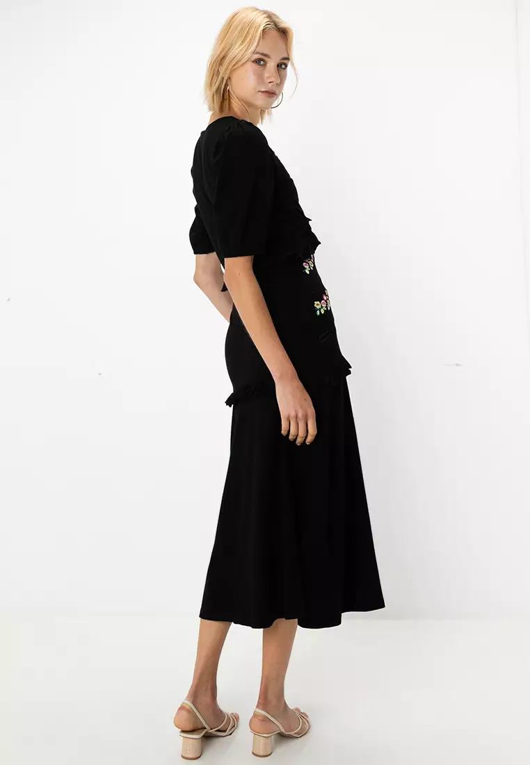 V Neck Midi Dress With Frill Detail And Embroidery