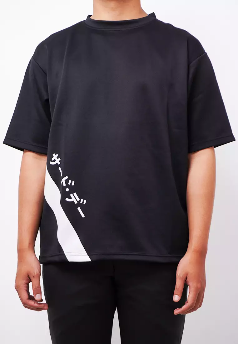 MTK22 Kaos Oversize Distro Pria 1Line Katakana Obilique Hitam