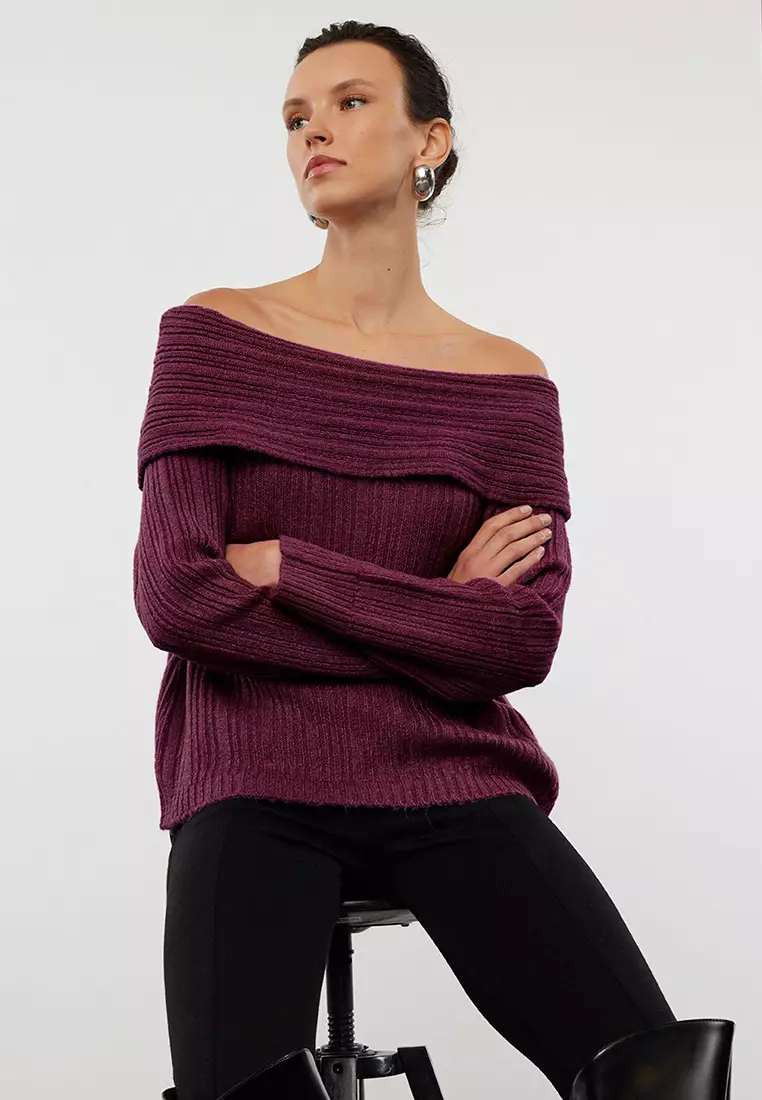 Burgundy Soft Textured Carmen Collar Knitwear Sweater