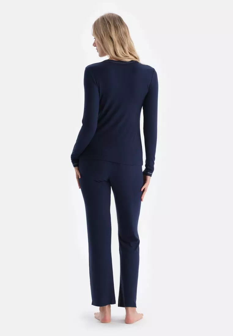 Navy T-Shirt & Trousers Set, V-Neck, Regular Fit, Long Sleeve Sleepwear for Women