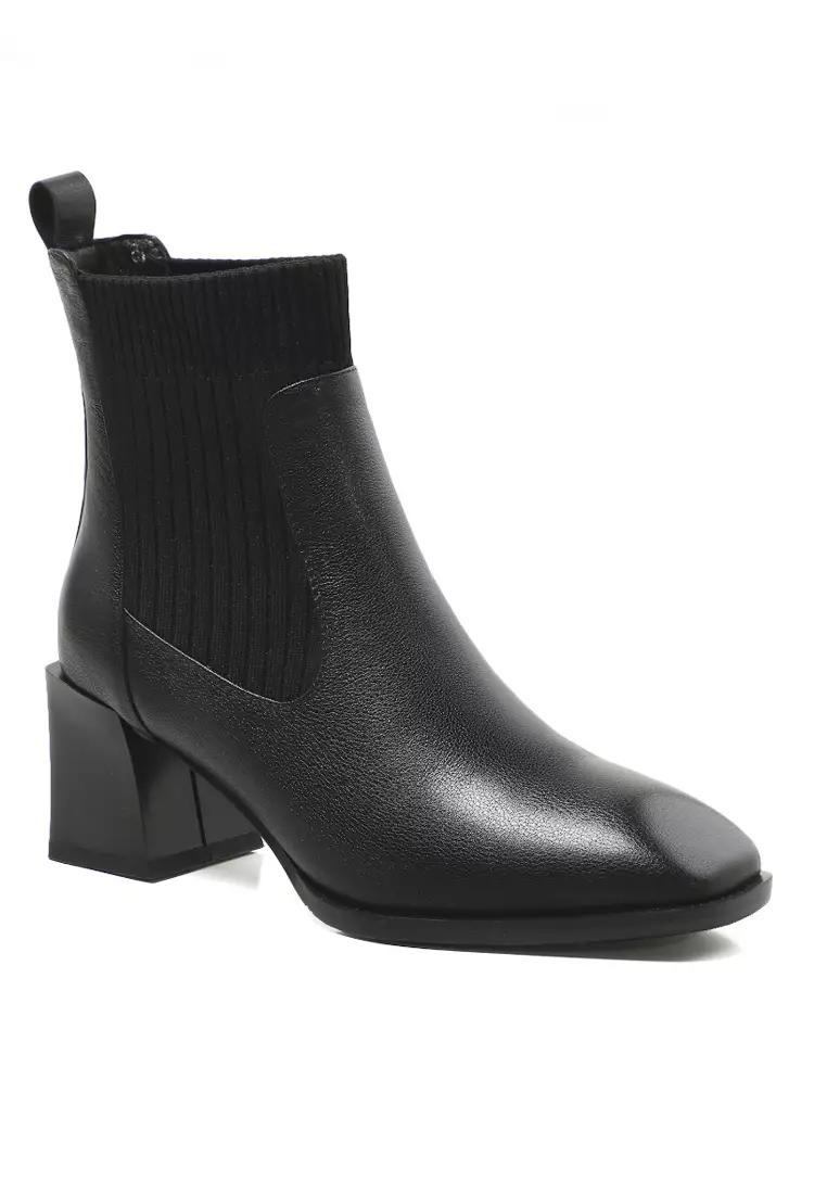 VANSA Fashionable Top Layer Cowhide Stretch Ankle Boots VSW-B06291288