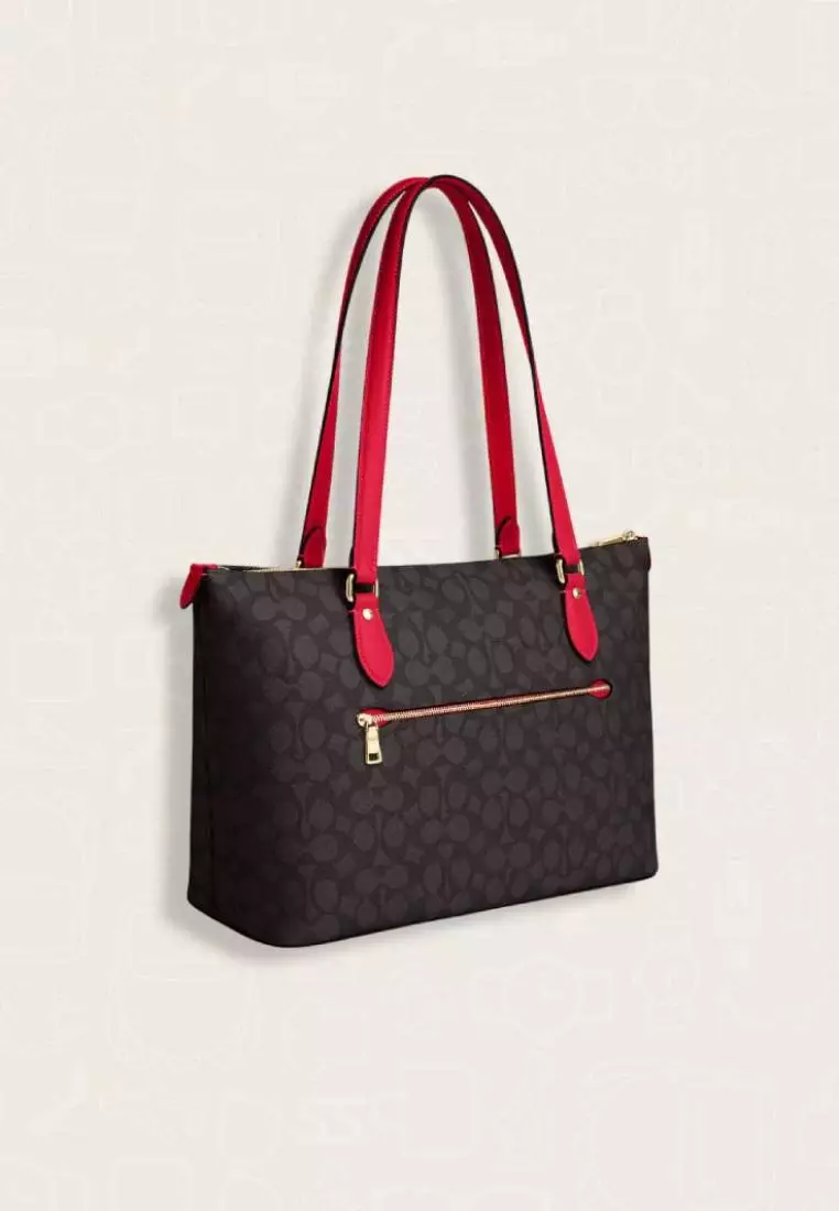 Coach Gallery Tote Bag In Signature Canvas Walnut Bold Red
