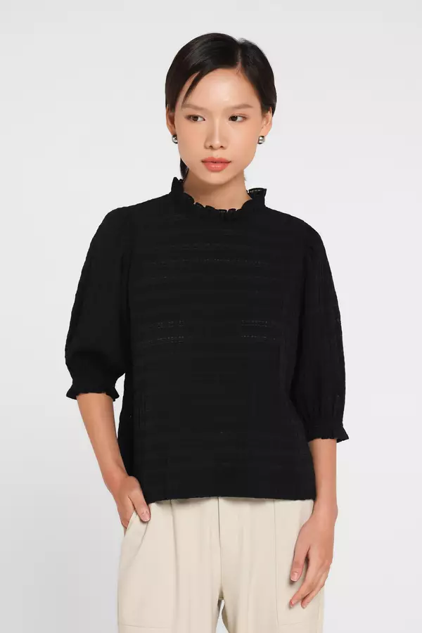 MINIMAL - Minami - Sheersucker Ruffle Blouse - Black Colour Black