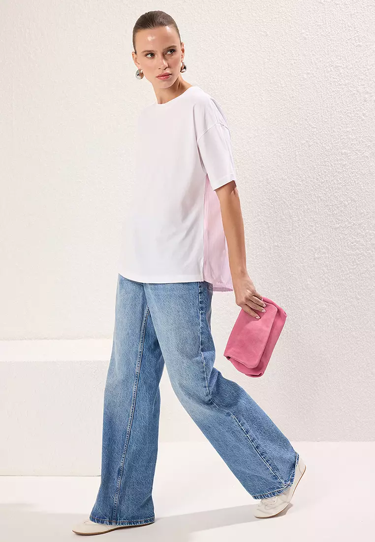 White Pink Striped Poplin Detail Oversize/Wide Pattern Knitted T-Shirt