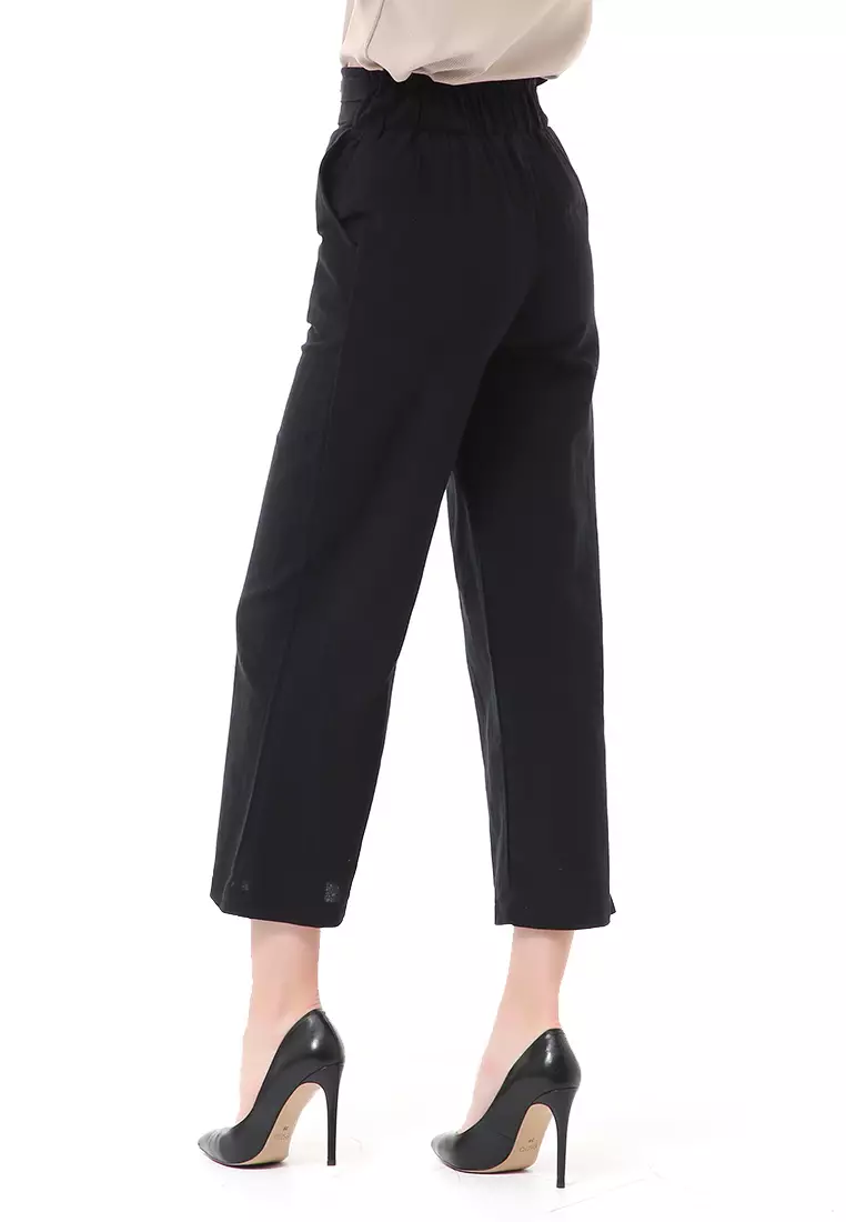 Stella Casual Long Pants Wanita Celana Kulot Highwaist Double Botton Material Linen ORIGINAL - Black